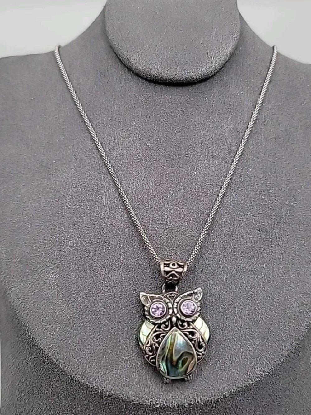 Sterling Silver ATI Abalone Amethyst OWL Pendant Necklace 925 16" Rope Chain
